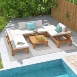 SUNSITT 6 Piece Acacia Wood Patio Furniture Outdoor Sectional Sofa Set with Adjustable Armrest, FSC Certified L-Shaped Patio Set w/2-in-1 Coffee Table, Cream White Cushions for Garden