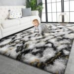 TWINNIS Super Soft Shaggy Rugs Fluffy Carpets, 5x8 Feet, Indoor Modern Plush Area Rugs for Living Room Bedroom Kids Room Nursery Home Decor, Upgrade Anti-Skid Rectangular Fuzzy Rug, Grey Gold