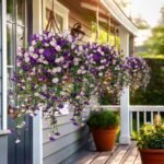 2Pcs Outdoor Faux Hanging Flowers Artificial Morning Glory with Eucalyptus Leaves UV Resistant Look Real Fake Plants for Outside Planter Porch Patio Balcony Yard Decor (Purple & Purple White) - Image 3
