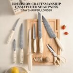 NANFANG BROTHERS Damascus Kitchen Knife Set 14 Pieces with Shears & Sharpener - VG10 Damascus Steel, ABS Ergonomic Handle, Wooden Block Storage White - Image 2