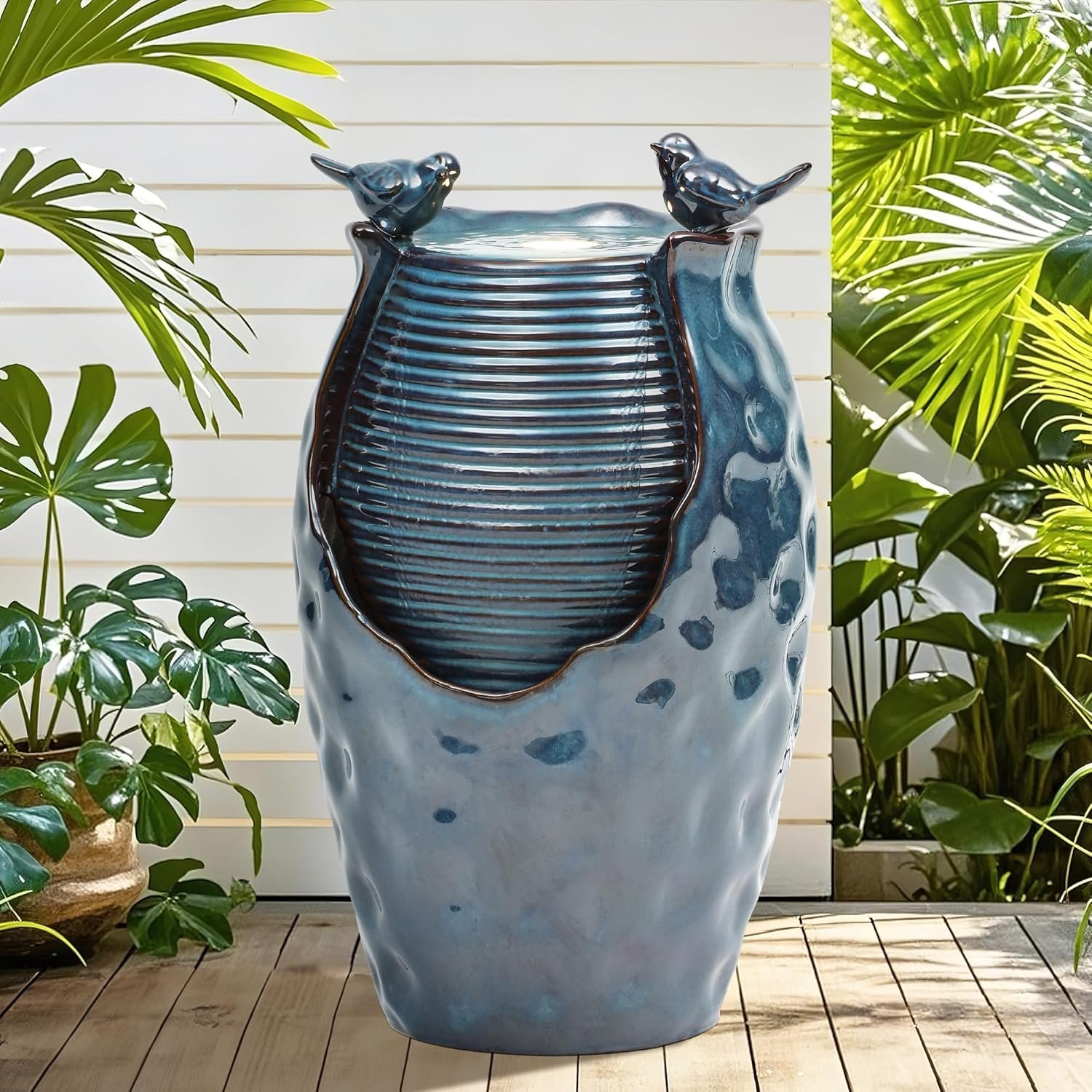 819VMKxIjYL._AC_SL1500_.jpg 24.8" H Ceramic Jar Outdoor Water Fountain with LED Lights & Bird Accents, Elegant Turquoise Glaze with Bubble-Like Texture, Decorative Garden Water Feature - Image 1