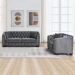 mikibama Luxury 2 Piece Chesterfield Velvet Sofa Set for Living Room, Modern Decor Furniture Sectional Sofa, 3 Seater & Loveseat Upholstered Tufted Couch for Apartment, Office, Hall(Grey) - Image 7