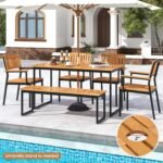 Tangkula 6 Pieces Outdoor Acacia Wood Dining Set, Patio Table and Chairs Set with Bench for 6-7 People, Outdoor Dining Furniture Set with 2" Umbrella Hole for Garden, Backyard and Poolside - Image 2