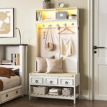 Gurexl 67” Farmhouse Hall Tree with Shoe Storage, Auto Sensor Wood Coat Tree with LED Lights, 3-in-1 Entryway Bench with Coat Rack, Hooks and Drawers for Hallway, Living Room, Bedroom (White) - Image 7