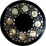 13 x 13 Inches Mother of Pearl Inlay Work Coffee Table Top Round Shape Black Marble Bed Side Table for Bedroom Decor - Image 2