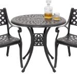 NUU GARDEN 3 Piece Outdoor Cast Aluminum Bistro Table Set Rustproof Table and Chairs with Umbrella Hole for Backyard, Balcony, Front Porch, Black