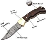 6.5" Handmade Damascus Steel Folding Hunting Knives For Men, Pocket Knife For Camping, Survival, Skinning And Outdoor Activities With Leather Sheath. (Rosewood) - Image 4
