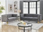 Velvet Living Room Sofa Set of 2, Comfy Loveseat and 3 Seater Couch, Modern Sofa with Tufted Back and Rivet Decoration, Upholstered Long Couch with Solid Golden Metal Tapered Legs, Grey