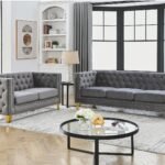 Velvet Living Room Sofa Set of 2, Comfy Loveseat and 3 Seater Couch, Modern Sofa with Tufted Back and Rivet Decoration, Upholstered Long Couch with Solid Golden Metal Tapered Legs, Grey