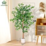 5FT Artificial Ficus Tree with White Planter, Realistic Faux Silk Indoor Outdoor Plant for Home Office Living Room, Porch, Garden Decor - Image 7