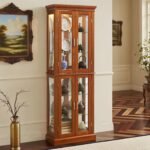 Lighted Curio Cabinet Wooden Display Cabinet with Adjustable Tempered Glass Shelves Vintage Accent Storage Cabinet with Mirrored Back & Tempered Glass Doors, Walnut
