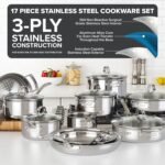 Viking 3-Ply Pots and Pans Set, 17 Piece Stainless Steel Cookware Glass Lids, Steamer Insert, Silver - Image 2