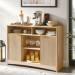 Amada Coffee Bar Cabinet with Wine Glass Rack, 47.2" Buffet Sideboard with Adjustable Shelves, Storage Cabinet for Kitchen,Entryway,Dining Room, Home Bar, Holds 200 lbs, Soft-Close Hinges,Natural Oak