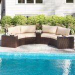 Tangkula 5 Pieces Patio Furniture Set, PE Rattan Half-Moon Curved Sectional Sofas with Tempered Glass Top Side Tables, Outdoor Conversation Set for Porch, Backyard & Poolside (Beige) - Image 2
