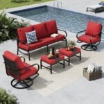 MFSTUDIO 5 Pieces Patio Conversation Sets,Outdoor Metal Furniture Sofas with 1 x 3-Seat Sofa, 2 x Swivel Chairs,2 x Ottoman,Wrought Iron Frame with Red Cushion for Patio Courtyard Balcony