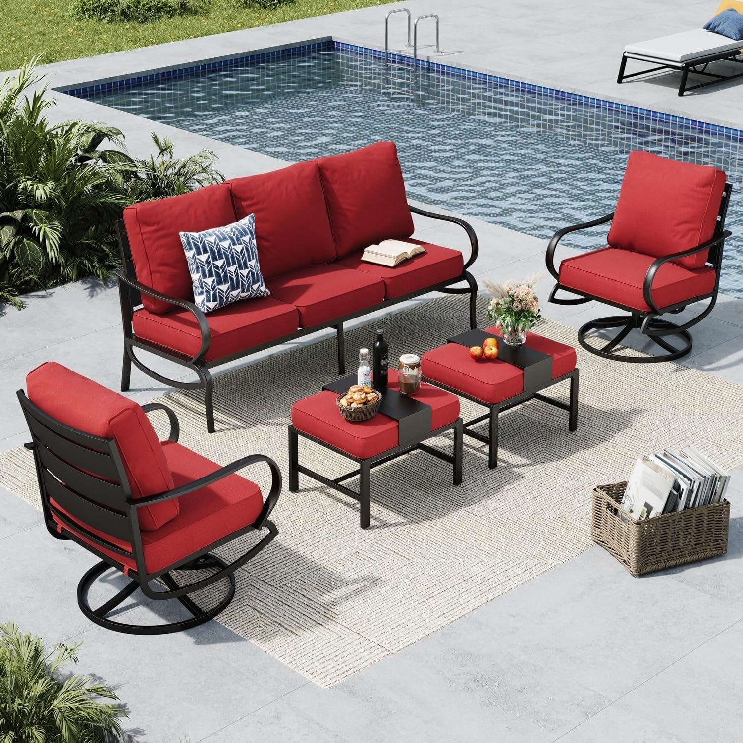 81WwnqWGAlL._AC_SL1500_.jpg MFSTUDIO 5 Pieces Patio Conversation Sets,Outdoor Metal Furniture Sofas with 1 x 3-Seat Sofa, 2 x Swivel Chairs,2 x Ottoman,Wrought Iron Frame with Red Cushion for Patio Courtyard Balcony - Image 1