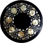13 x 13 Inches Mother of Pearl Inlay Work Coffee Table Top Round Shape Black Marble Bed Side Table for Bedroom Decor