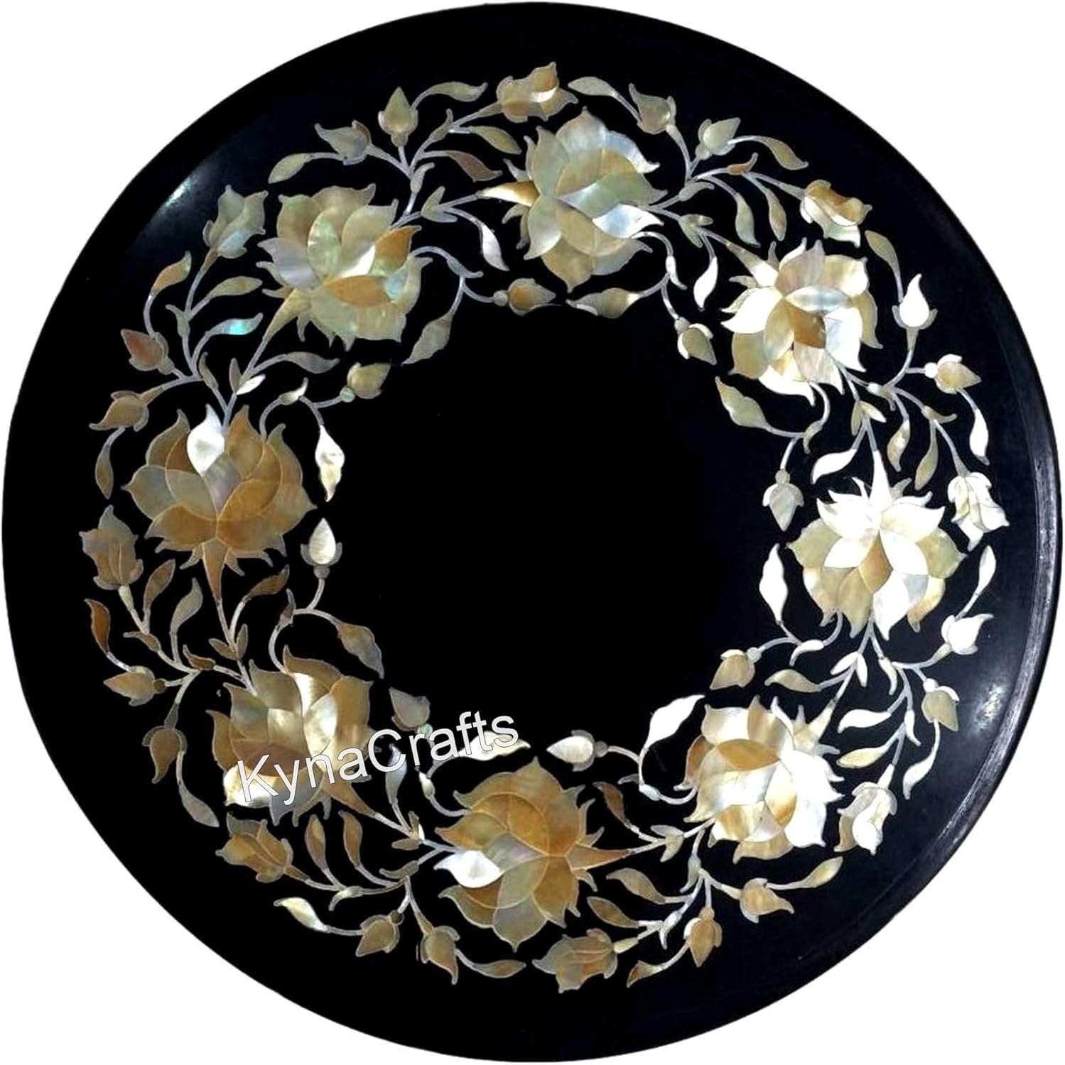 81aoWttZbKL._AC_SL1500_.jpg 13 x 13 Inches Mother of Pearl Inlay Work Coffee Table Top Round Shape Black Marble Bed Side Table for Bedroom Decor - Image 1