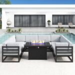LayinSun Large Aluminum Patio Furniture Set with Fire Pit Table, 9 Pieces Modern Outdoor Conversation Set Sectional Metal Sofa Set with Olefin Cushion - Image 2