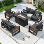 Aoxun Aluminum Patio Furniture Set with Fire Pit Table, 5 Piece Luxury Outdoor Sectional with 6" Olefin Fabric Cushions, Patio Conversation Sets with Waterproof Cover for Backyard, Porch Dark Grey