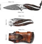 Handmade Japanese VG10 Damascus steel Folding Pocket Knife，With leather case，Liner Lock，3.1in high hardness blade，Wooden Handle，men's folding knife hiking trip EDC tool Knife - Image 2