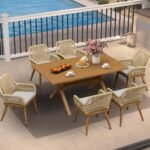 PURPLE LEAF 7 Pieces Outdoor Dining Set All-Weather PE Rattan Outdoor Patio Furniture Set with All Aluminum Frame Rectangular Table and Chairs Set for Lawn Garden Backyard Deck, Teak