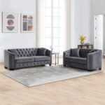 mikibama Luxury 2 Piece Chesterfield Velvet Sofa Set for Living Room, Modern Decor Furniture Sectional Sofa, 3 Seater & Loveseat Upholstered Tufted Couch for Apartment, Office, Hall(Grey)