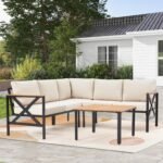 EROMMY 6 Pieces Patio Furniture Sets, Metal Outdoor Sectional Furniture L Shape Patio Conversation Sets with Fauxwood Coffee Table & 6.5" Olefin Cushions for Backyard, Garden, Poolside