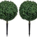 HOMCOM Set of 2 1.3ft (15.7") Artificial Boxwood Topiary Ball Bush with Integrated Ground Stake, Indoor Outdoor UV Resistant Faux Greenery, Faux Plants for Garden, Porch, Balcony
