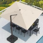 9' X 12' Cantilever Patio Umbrella with Base Included Rectangular Outdoor Large Offset Umbrellas with 7 Tilts Adjustable 360°Rotation for Deck Pool Garden Backyard, Beige