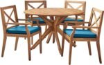 Christopher Knight Home Jordan Outdoor 5 Piece Acacia Wood Dining Set, Teak Finish/Blue