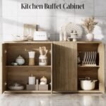 Fluted Buffet Cabinet Sideboard with Storage, Wooden Credenza with 2 Doors & Adjustable Shelf, Modern 15" Deep Accent Cabinet for Living Room, Kitchen Dining Room Entryway,Natural Oak - Image 4