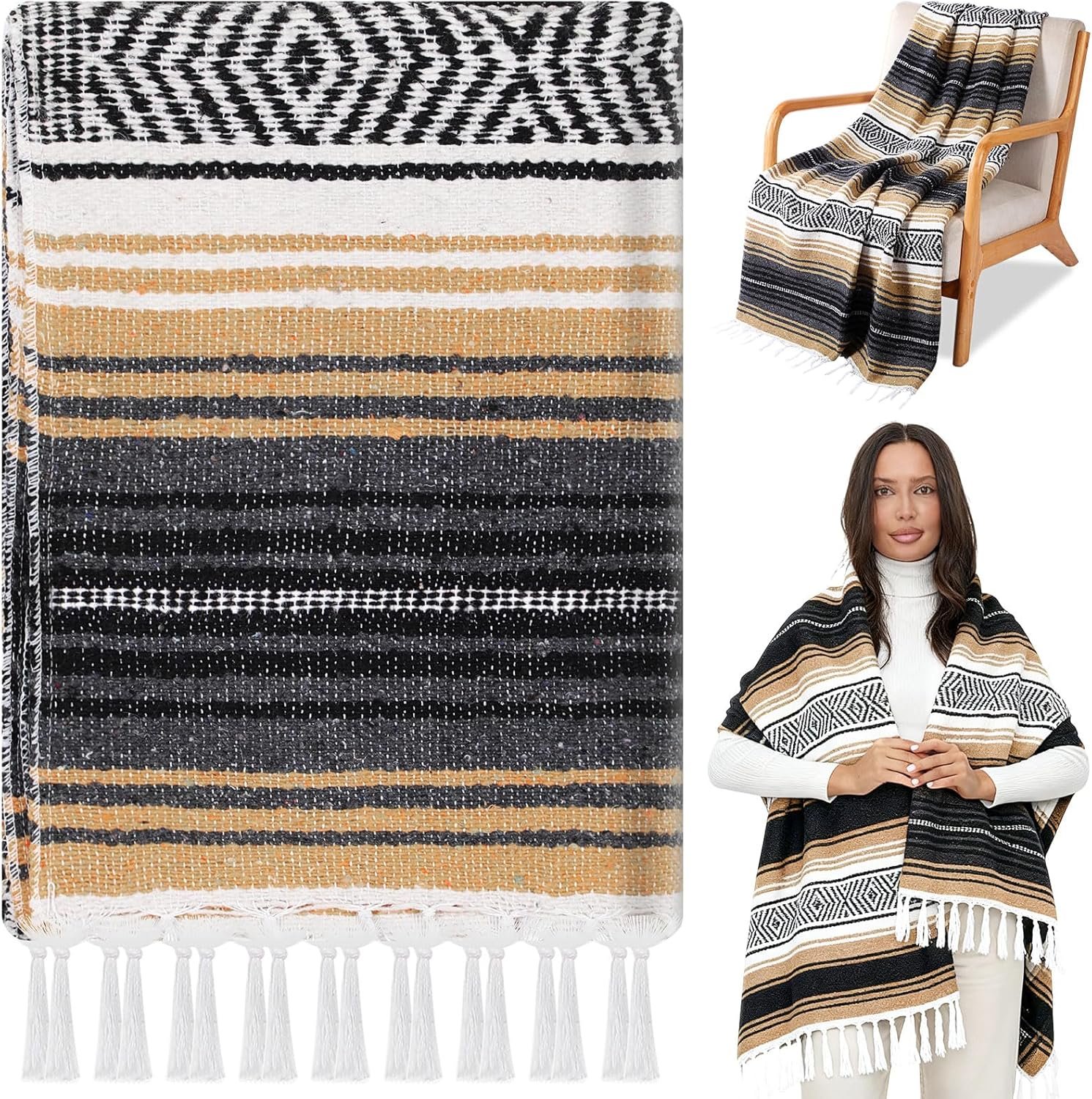 81nVXgb3lIL._AC_SL1500_.jpg Oudain 1 Pack Mexican Blankets and Throws 45 x 70 Inch, Cotton Outdoor Camping Cozy Baja Blanket Woven Serape Restorative Yoga Fiesta Fall Autumn Essential Supplies (Boho Green Mix) - Image 1
