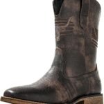 Winbird Square Toe Cowboy Boots for Men Classic Patriot Embroidered Western Boots Men's Vegan Leather Pull On Slip Resistant Boot, Retro Chunky Heel Short Country Boots for Spring Fall