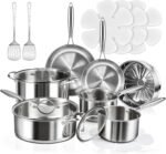 16-Piece Pots and Pans Set, Tri-Ply Stainless Steel Cookware Set with Lids, Non-toxic Kitchen Cooking Set, Dishwasher-Friendly, Induction-Ready, Even Heating, Heavy Duty, Compatible with All Cooktops
