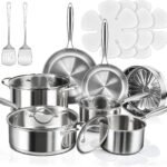16-Piece Pots and Pans Set, Tri-Ply Stainless Steel Cookware Set with Lids, Non-toxic Kitchen Cooking Set, Dishwasher-Friendly, Induction-Ready, Even Heating, Heavy Duty, Compatible with All Cooktops