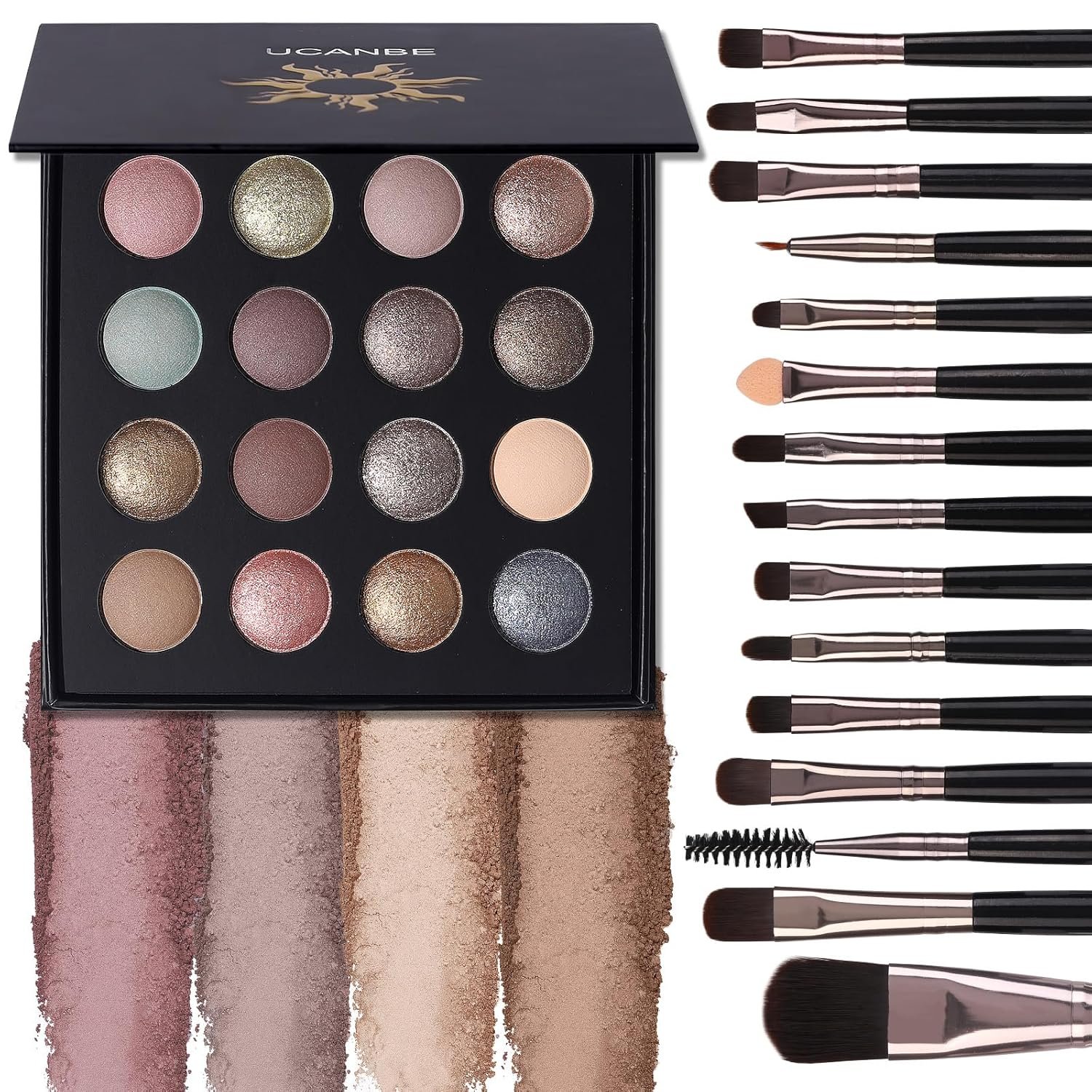 81pYbCNlk3L._SL1500_.jpg UCANBE Baked Eyeshadow Palette with 15PCS Brushes Makeup Set, 16 Color Natural Nude Matte Shimmer Metallic Eye Shadow Make Up Pallet for Women Girls, High Pigmented Long Lasting Waterproof - Image 1