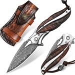 Handmade Japanese VG10 Damascus steel Folding Pocket Knife，With leather case，Liner Lock，3.1in high hardness blade，Wooden Handle，men's folding knife hiking trip EDC tool Knife
