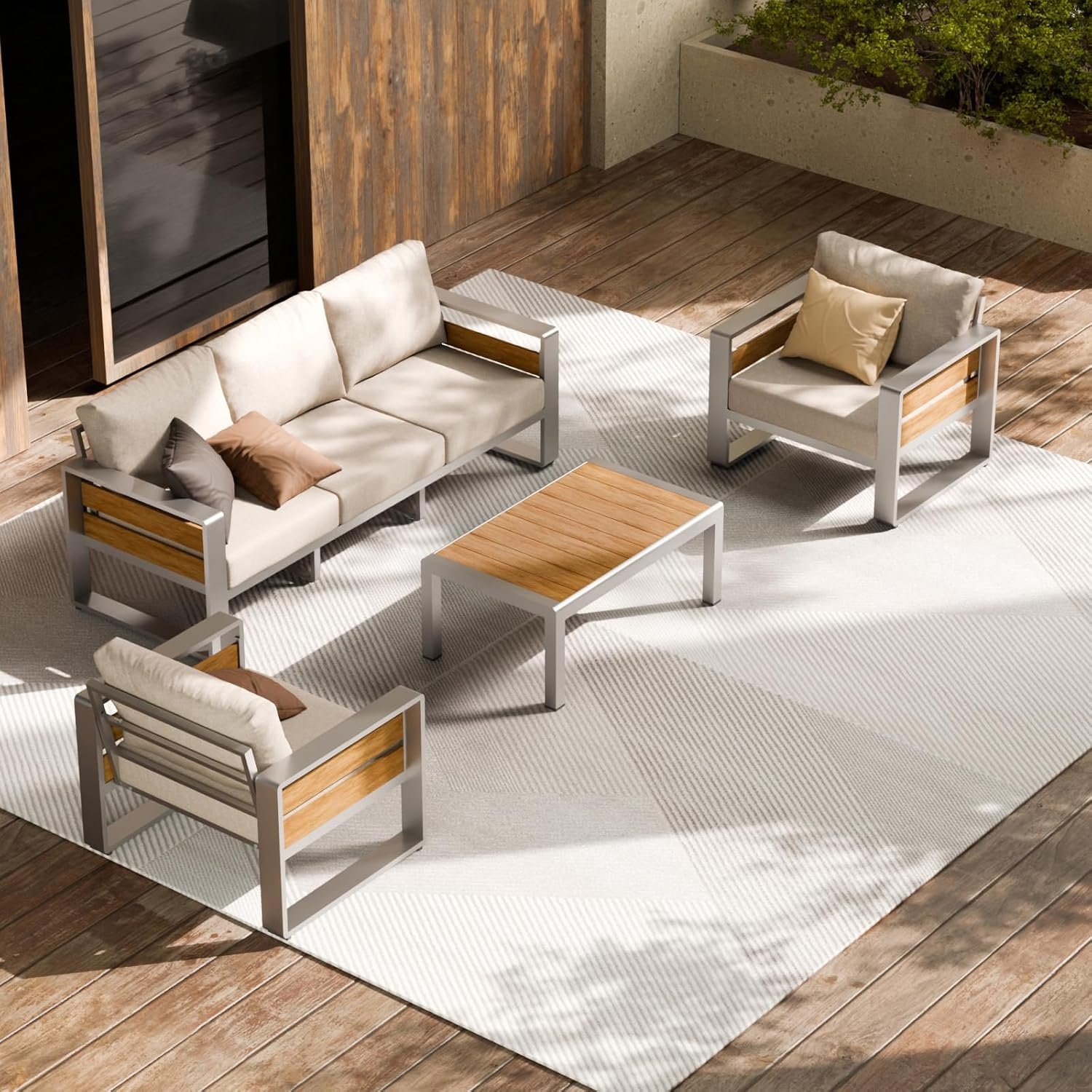 81rLWfSThxL._AC_SL1500_.jpg ZANDOR Aluminum Outdoor Patio Conversation Furniture Set, 4 PCS Metal Modern Outside Sectional Lawn Furniture with Coffee Table & Washable Thick Cushions,Seating Sofa for Garden/Backyard/Porch Silver - Image 1