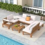 SUNSITT 6 Piece Acacia Wood Patio Furniture Outdoor Sectional Sofa Set with Adjustable Armrest, FSC Certified L-Shaped Patio Set w/2-in-1 Coffee Table, Cream White Cushions for Garden - Image 2