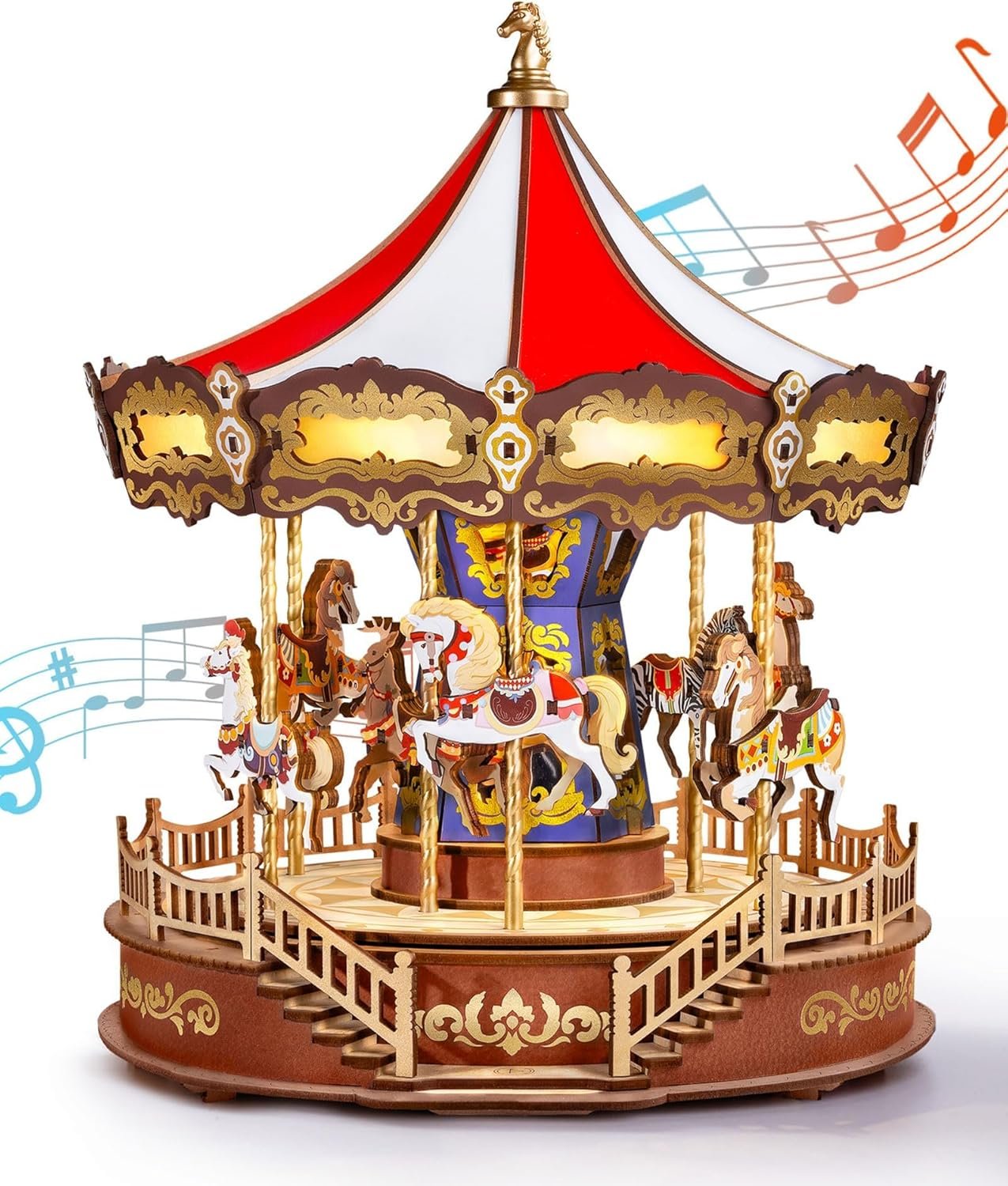 81t0ZMQgLpL._AC_SL1500_.jpg Rolife Wooden 3D Puzzles for Adults, DIY Carousel Music Box with Chaser Lights 11.6" Model Building Kit, Construction Project Craft Kits for Adults Hobby Home Decor Chiristmas Gifts for Boys Girls - Image 1