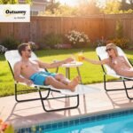 Outsunny Folding Chaise Lounge Chair, Pool Sun Tanning Chair, Outdoor Lounge Chair with Reclining Back, Breathable Mesh Seat, Headrest for Beach, Yard, Patio, Cream White - Image 2
