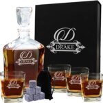 My Personal Memories, Personalized 5 pc Whiskey Decanter Set - Decanter and 4 Glasses Gift Set - Custom Engraved with Name and Initial (Fancy Design)
