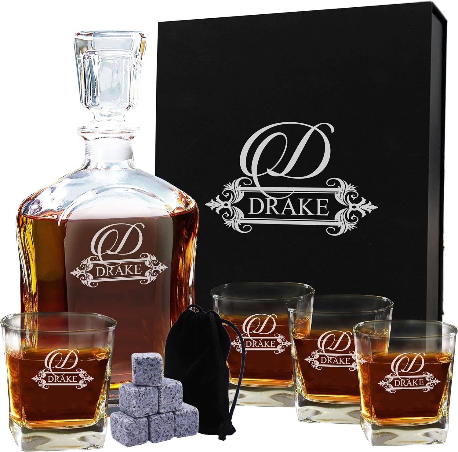 81xegoHrfFL._AC_SL1500_.jpg My Personal Memories, Personalized 5 pc Whiskey Decanter Set - Decanter and 4 Glasses Gift Set - Custom Engraved with Name and Initial (Fancy Design) - Image 1