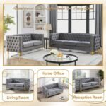 Velvet Living Room Sofa Set of 2, Comfy Loveseat and 3 Seater Couch, Modern Sofa with Tufted Back and Rivet Decoration, Upholstered Long Couch with Solid Golden Metal Tapered Legs, Grey - Image 4