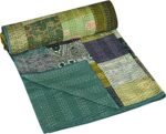 Silk Patchwork Kantha Quilt | Hand-Stitched Vintage Saree Quilt | Reversible Boho Bedspread & Throw | Lightweight Handmade Bedding Décor, (Green, King, 108 x 108 Inches) - Image 2