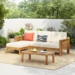 Christopher Knight Home Havets 3 Pieces Outdoor Acacia Furniture Set, Slat Panel Couch, Spacious Seating Armchair, 6" Thick Cushions Sofa and Coffee Table Set for Backyard Garden Balcony, Teak+Beige