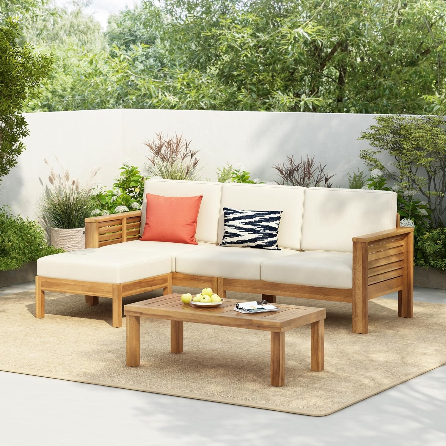 914tMUfgblL._AC_SL1500_.jpg Christopher Knight Home Havets 3 Pieces Outdoor Acacia Furniture Set, Slat Panel Couch, Spacious Seating Armchair, 6" Thick Cushions Sofa and Coffee Table Set for Backyard Garden Balcony, Teak+Beige - Image 1