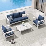 Amopatio Aluminum Patio Furniture Set, 6 Pieces Metal Outdoor Patio Furniture Sets, Outdoor Sectional Modern Sofa Couch with Coffee Table for Pool, Garden, White&Blue (Included Waterproof Covers)