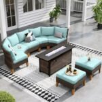 Sophia & William Patio Furniture Set with Fire Pit Table, 8 Piece Half Moon Outdoor Wicker Sectional Sofa Set, Rattan Conversation Set with 56-Inch Fire Pit Table & Ottoman (Aqua Blue)